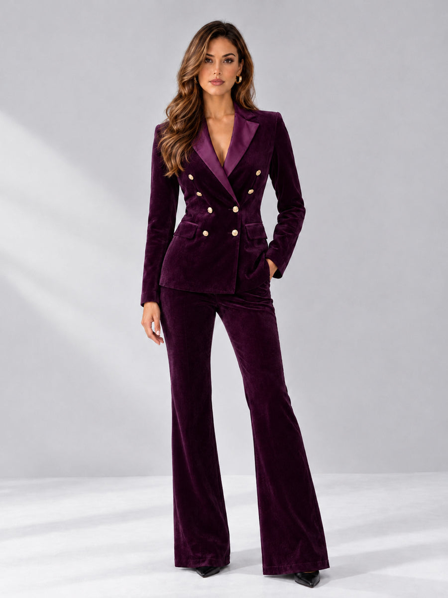 Plum 2 Pieces Slim Fit Double Breasted Velvet Women's Suits