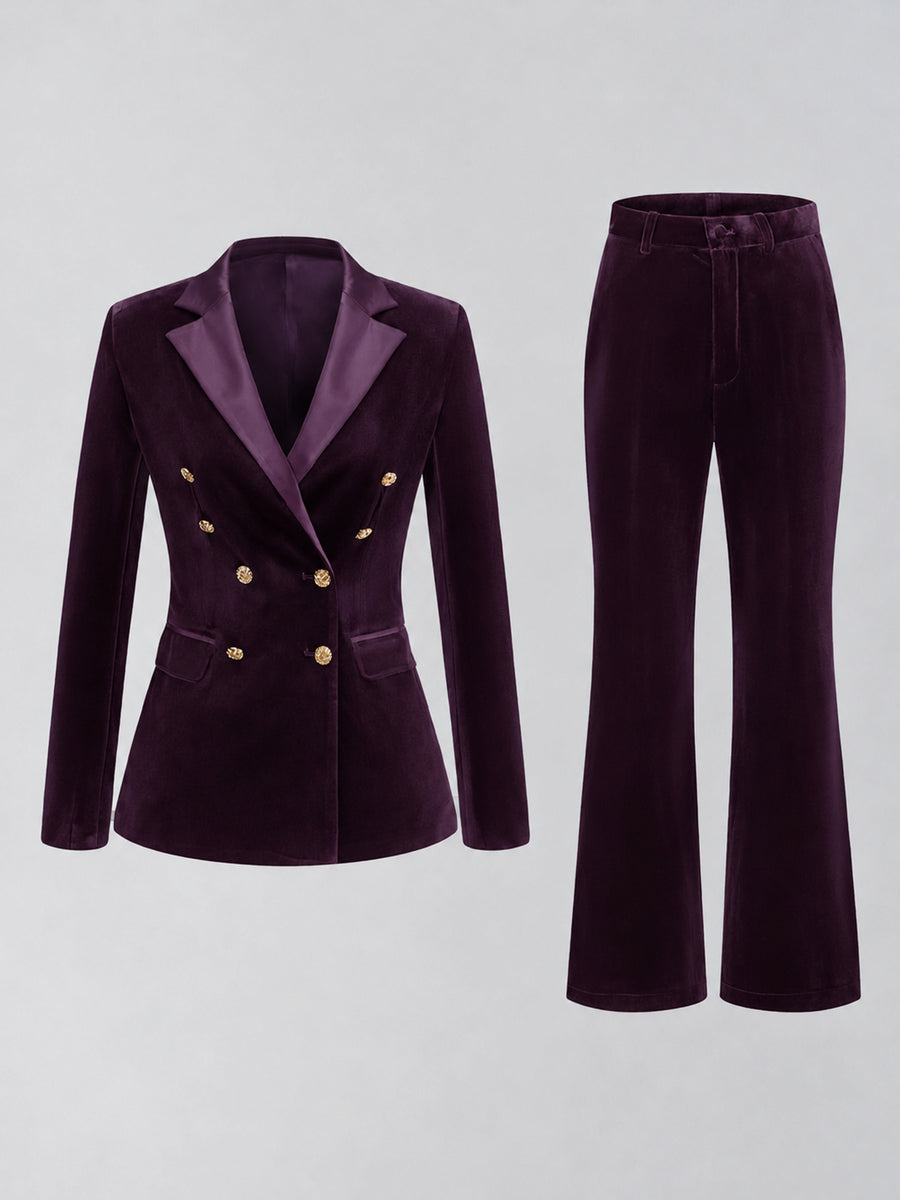 Plum 2 Pieces Slim Fit Double Breasted Velvet Women's Suits