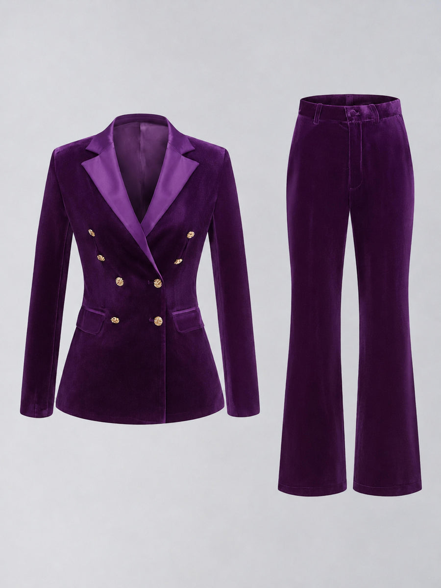 Purple 2 Pieces Slim Fit Double Breasted Velvet Women's Suits