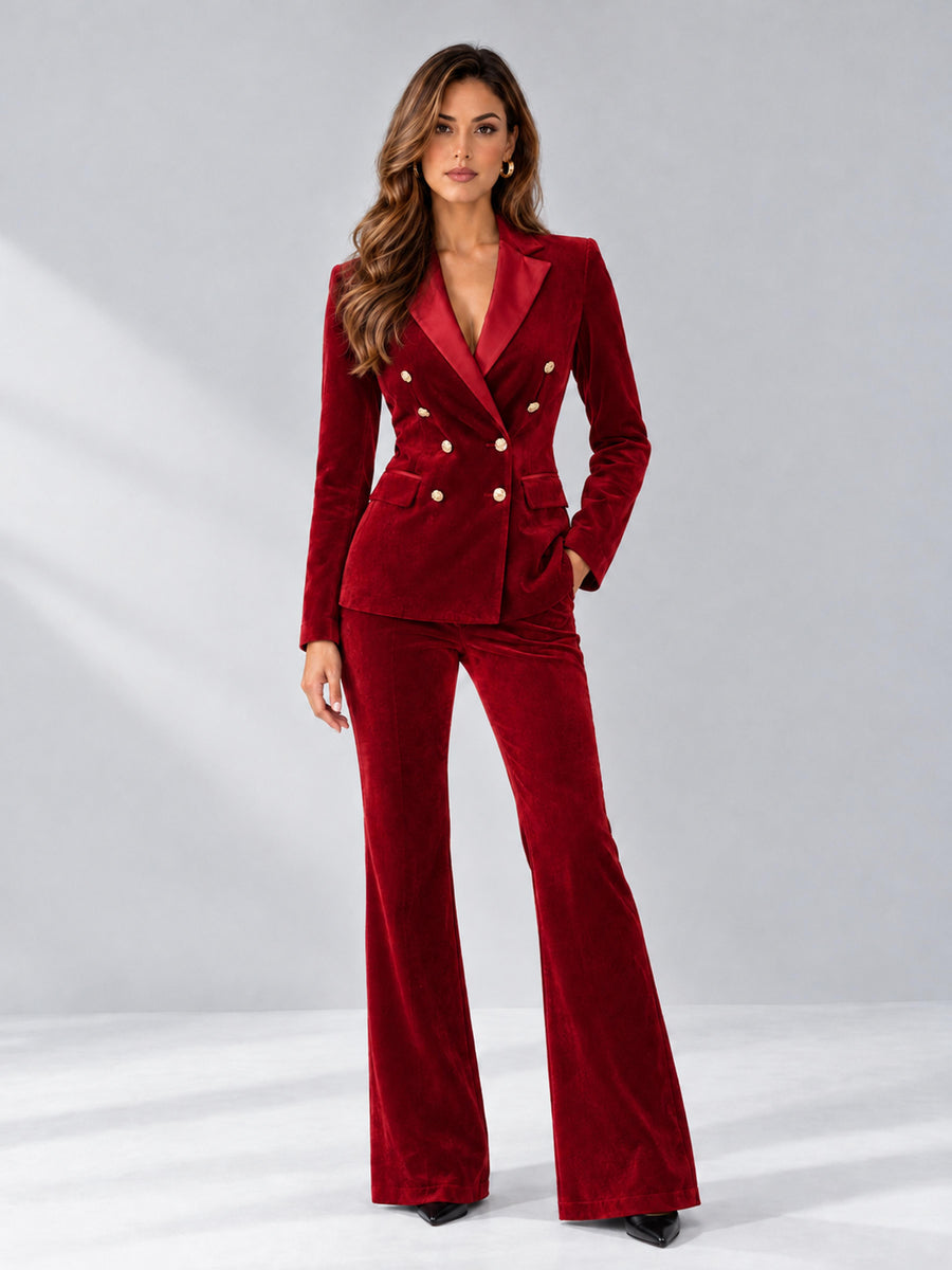 Red 2 Pieces Slim Fit Double Breasted Velvet Women's Suits