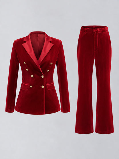 Red 2 Pieces Slim Fit Double Breasted Velvet Women's Suits