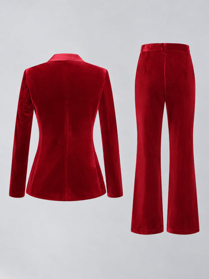 Red 2 Pieces Slim Fit Double Breasted Velvet Women's Suits