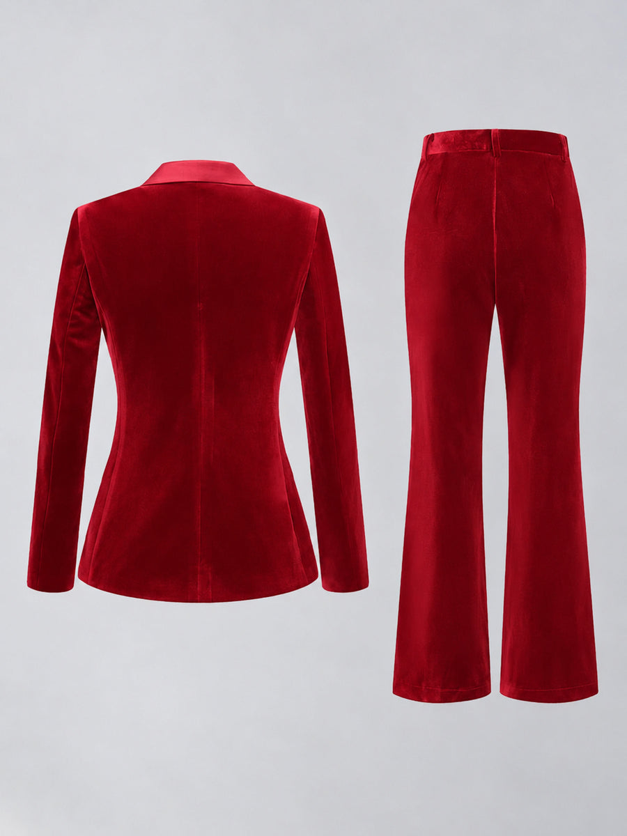 Red 2 Pieces Slim Fit Double Breasted Velvet Women's Suits