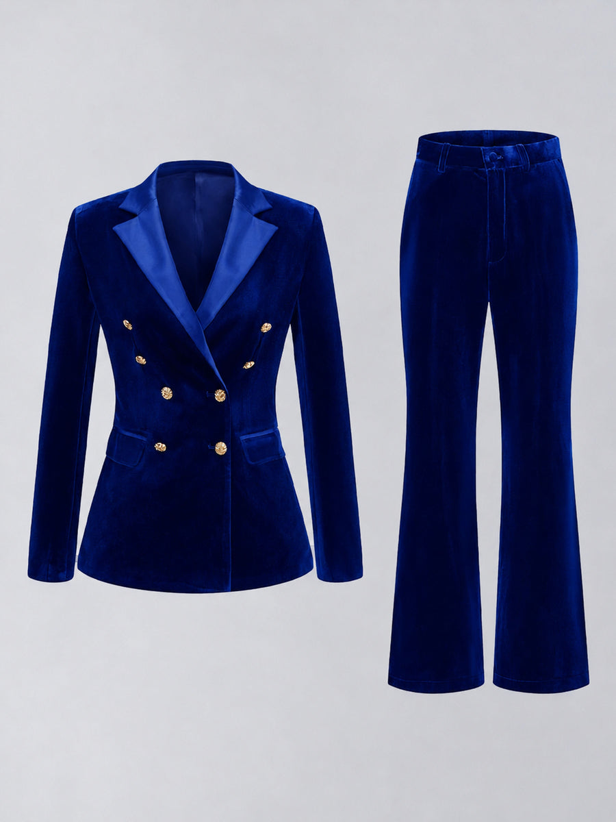 Royal Blue 2 Pieces Slim Fit Double Breasted Velvet Women's Suits