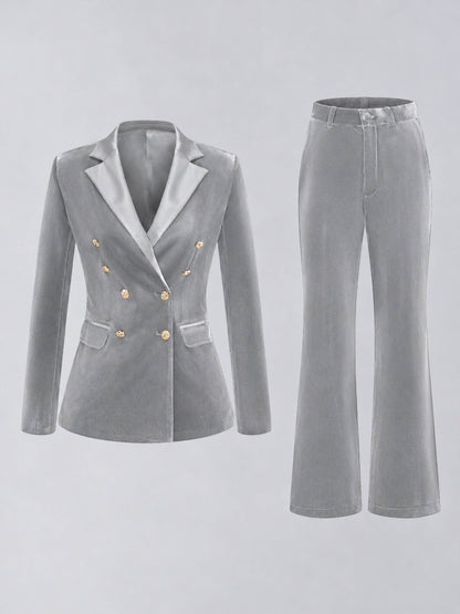 Silver 2 Pieces Slim Fit Double Breasted Velvet Women's Suits