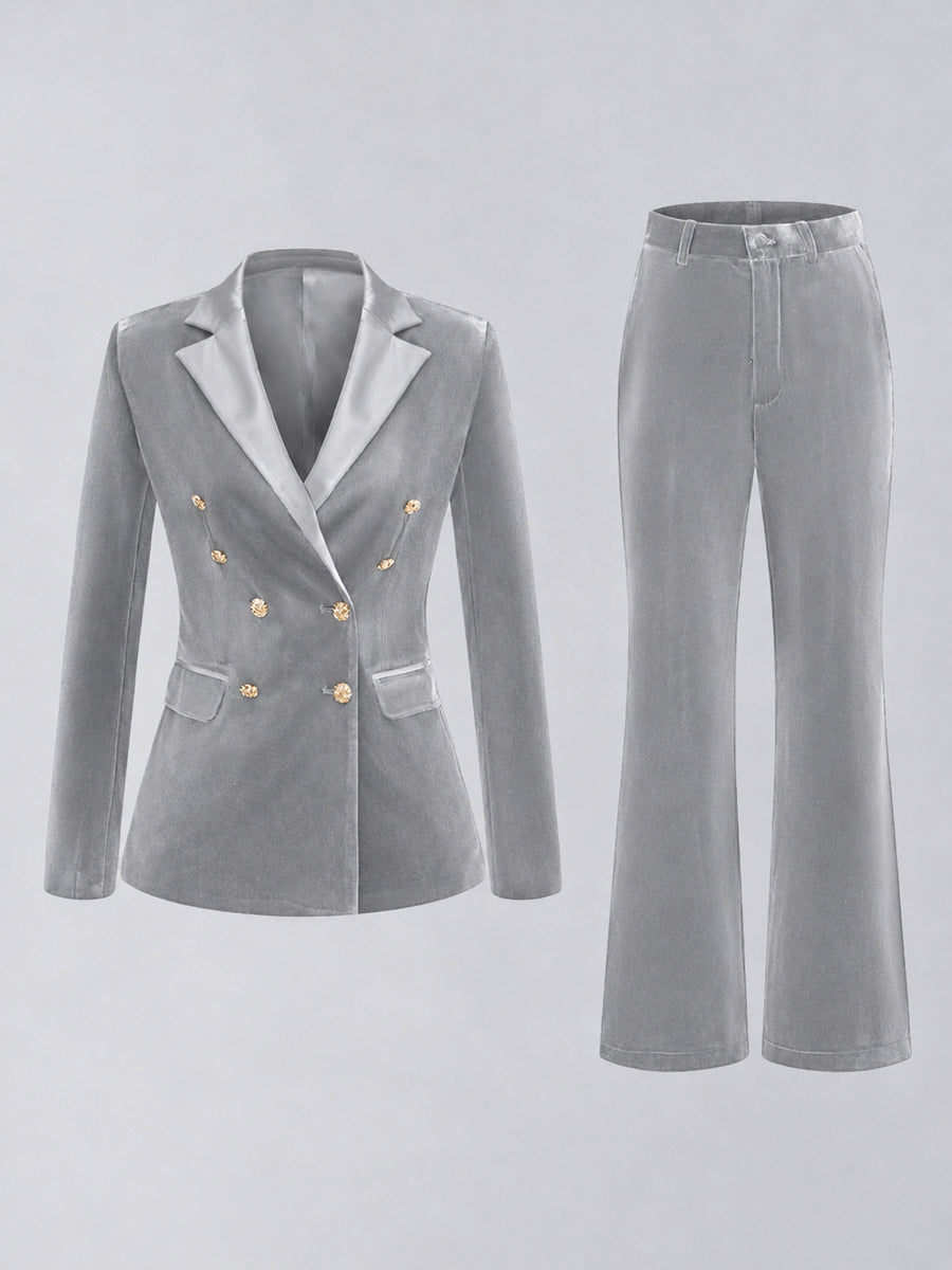 Silver 2 Pieces Slim Fit Double Breasted Velvet Women's Suits