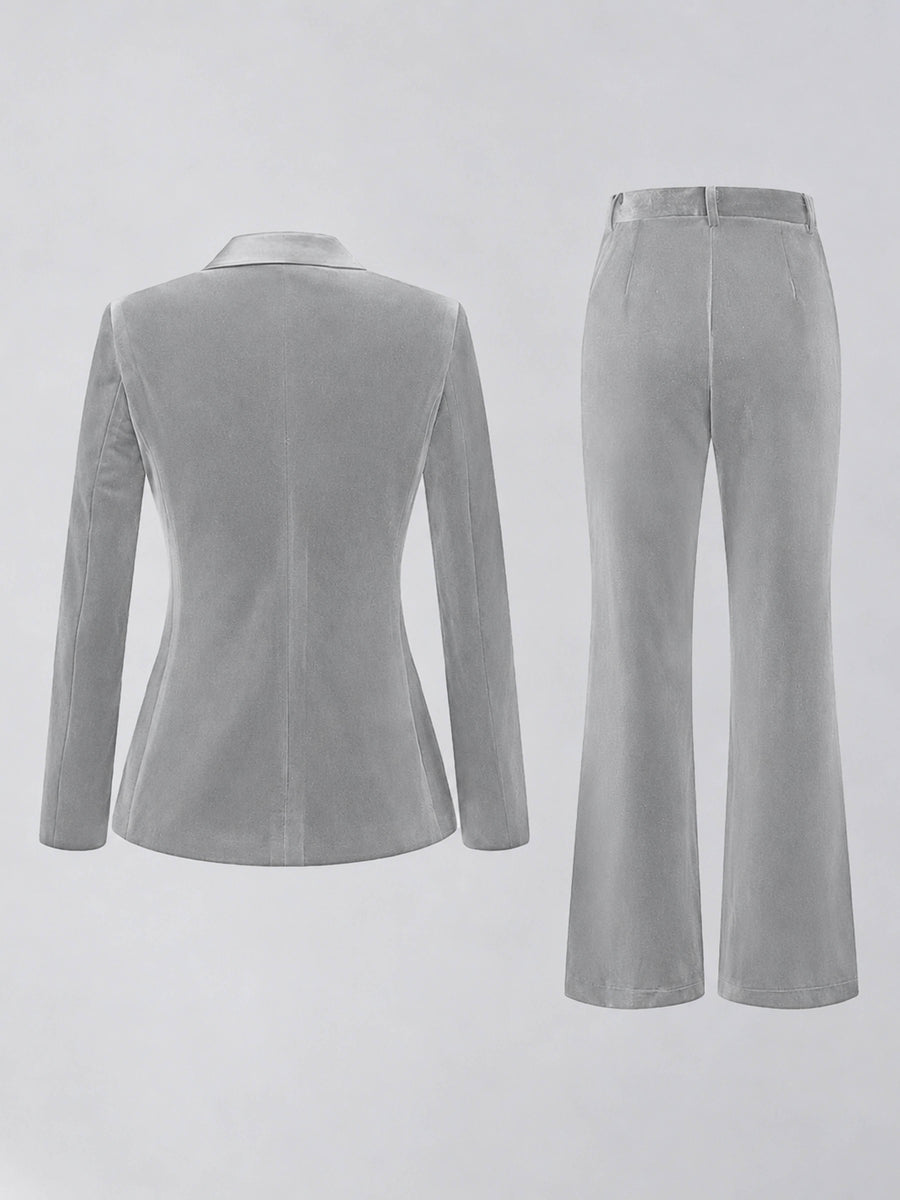 Silver 2 Pieces Slim Fit Double Breasted Velvet Women's Suits