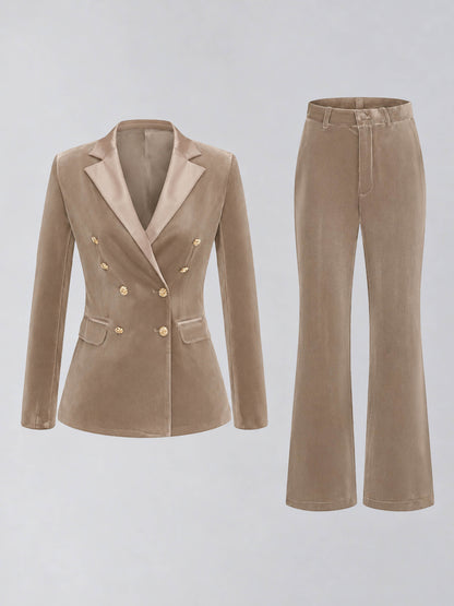 Taupe 2 Pieces Slim Fit Double Breasted Velvet Women's Suits