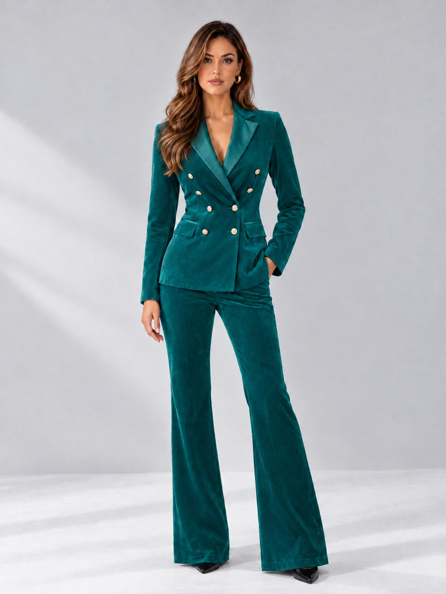 Teal 2 Pieces Slim Fit Double Breasted Velvet Women's Suits