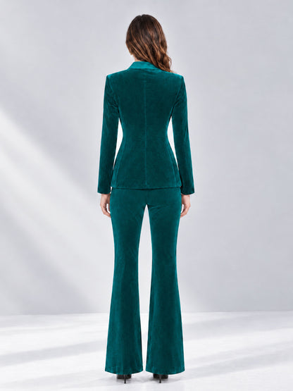 Teal 2 Pieces Slim Fit Double Breasted Velvet Women's Suits