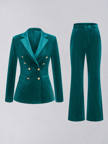Teal 2 Pieces Slim Fit Double Breasted Velvet Women's Suits