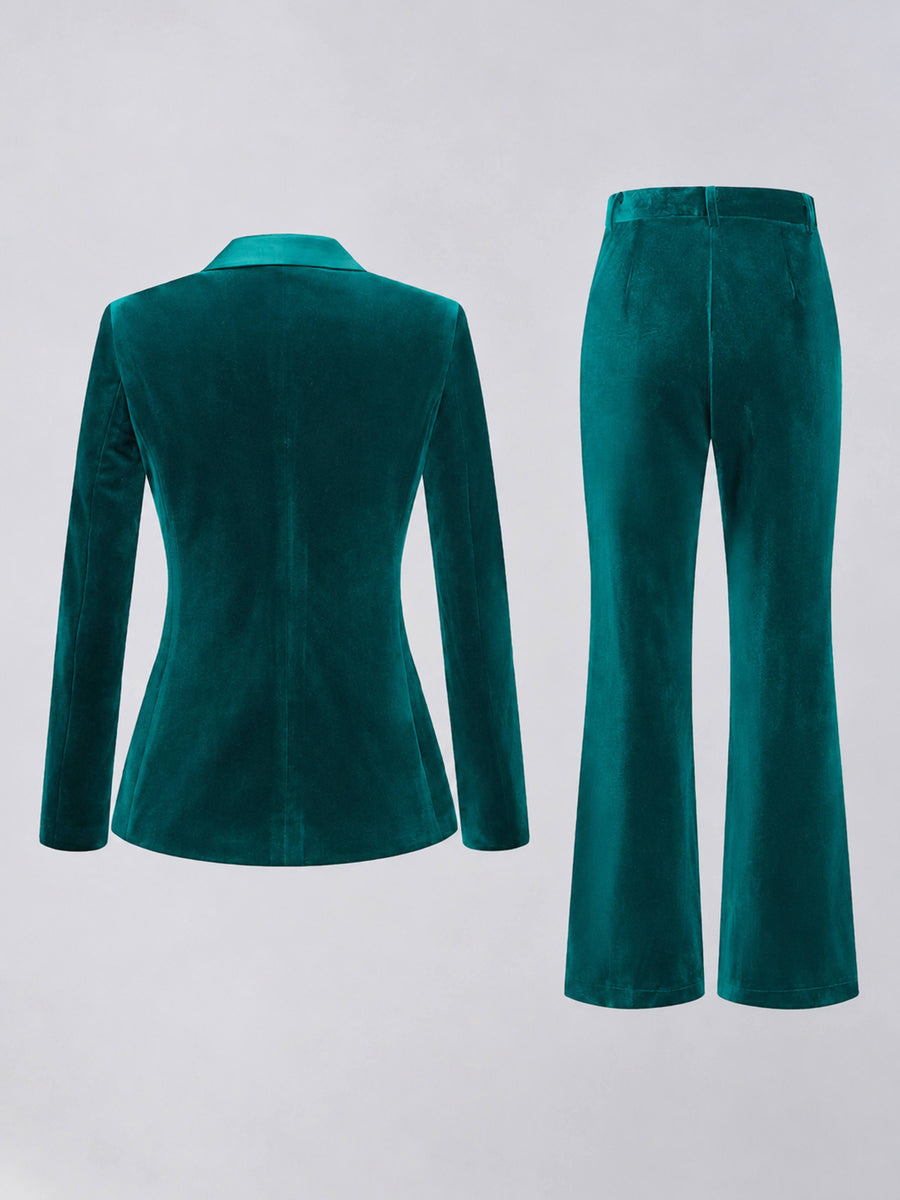 Teal 2 Pieces Slim Fit Double Breasted Velvet Women's Suits