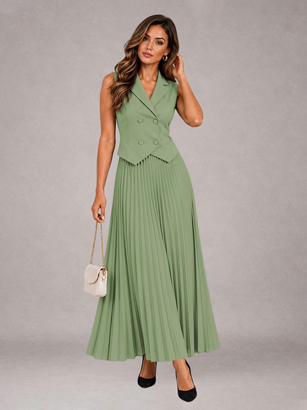 Sage Green 2 Pieces Slim Fit Double Breasted Vest Pleated Maxi Skirt Women's Suits