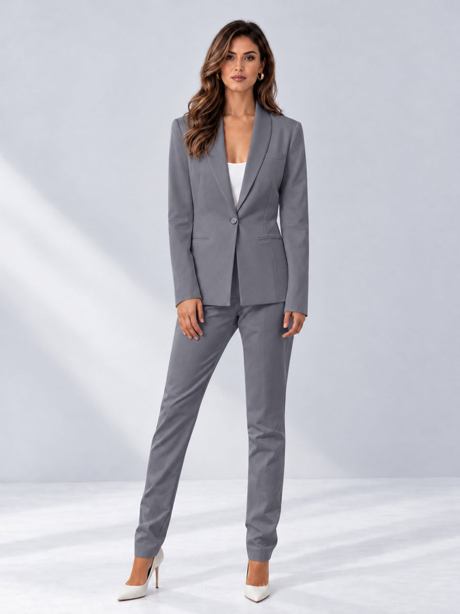 Gray 2 Pieces Slim Fit One Button Women's Suits