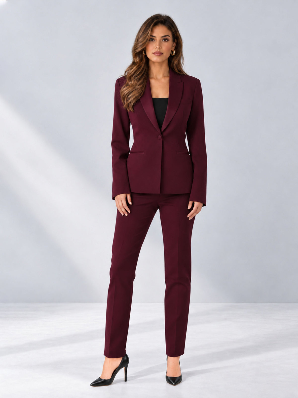 Burgundy 2 Pieces Slim Fit One Button Timeless Business Style Women's Suits