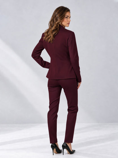 Burgundy 2 Pieces Slim Fit One Button Timeless Business Style Women's Suits
