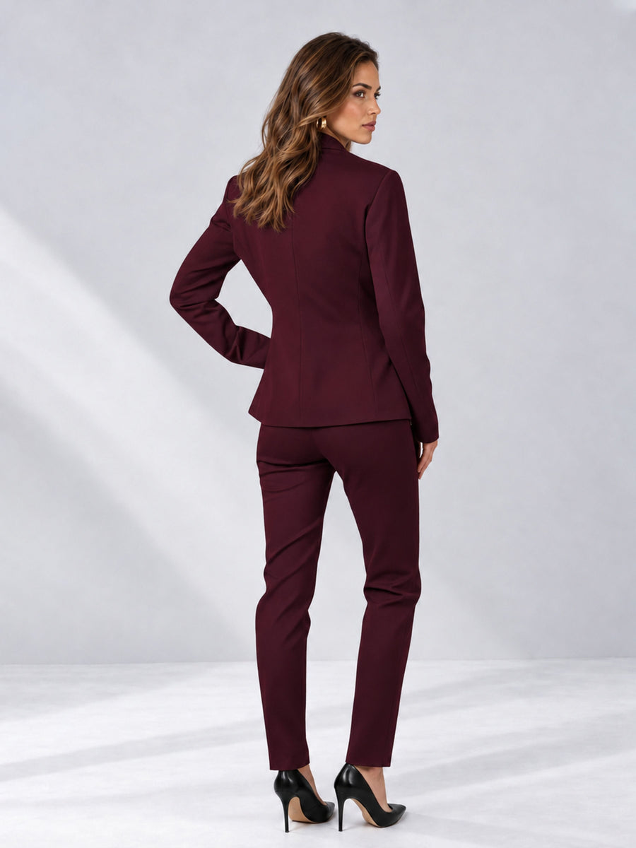 Burgundy 2 Pieces Slim Fit One Button Timeless Business Style Women's Suits
