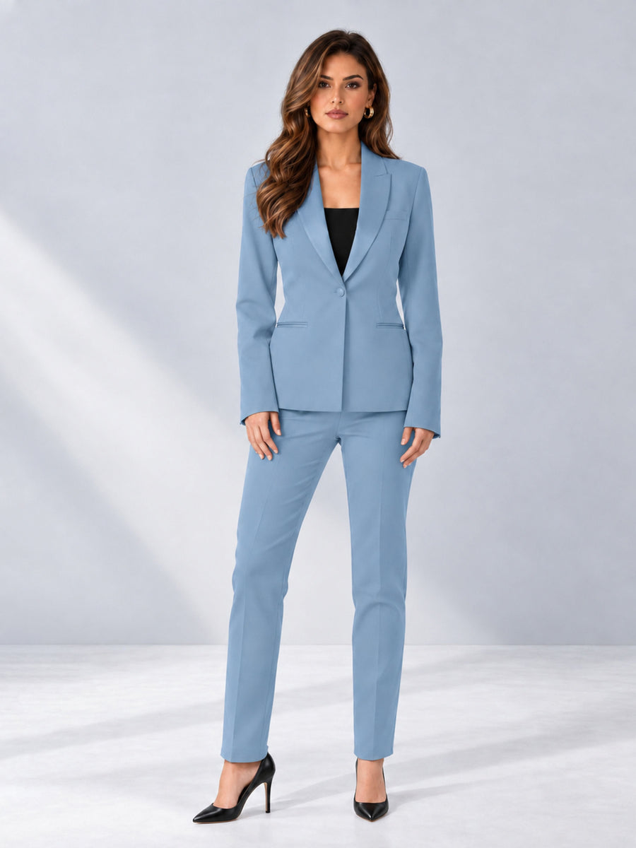 Light Blue 2 Pieces Slim Fit One Button Timeless Business Style Women's Suits