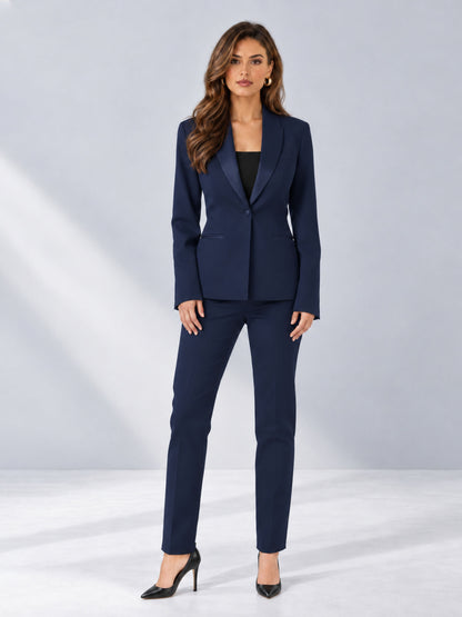 Navy Blue 2 Pieces Slim Fit One Button Timeless Business Style Women's Suits