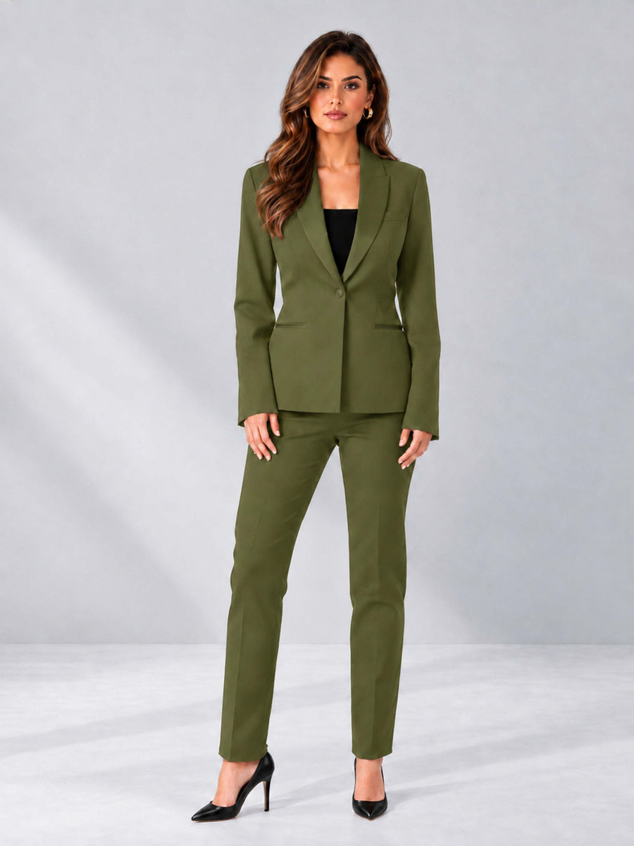 Olive Green 2 Pieces Slim Fit One Button Timeless Business Style Women's Suits