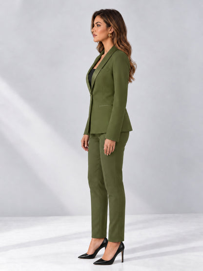 Olive Green 2 Pieces Slim Fit One Button Timeless Business Style Women's Suits
