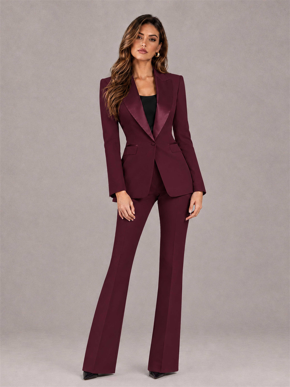Burgundy 2 Pieces Slim Fit Peak Lapel Women's Suits