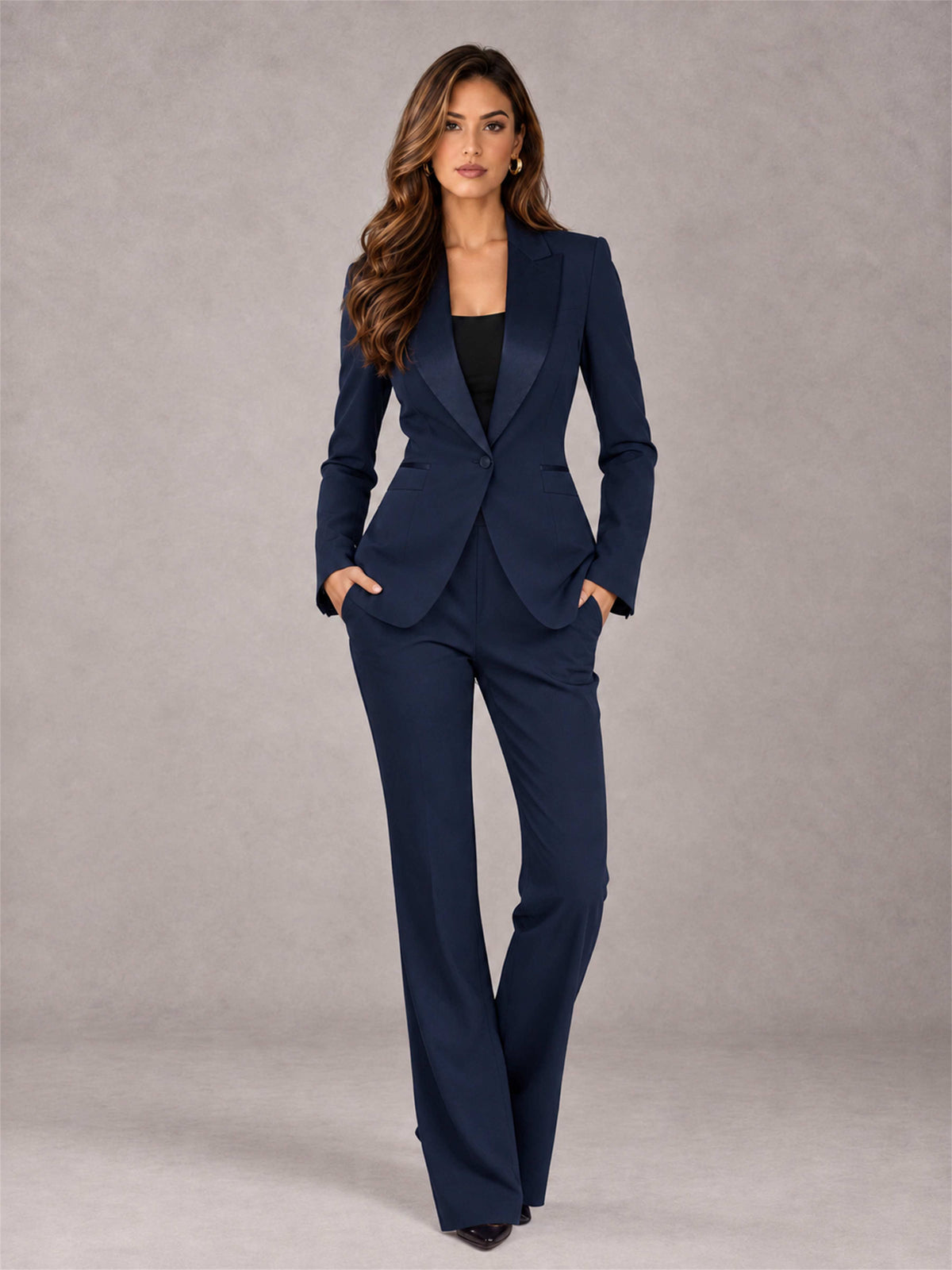 Navy Blue 2 Pieces Slim Fit Peak Lapel Women's Suits