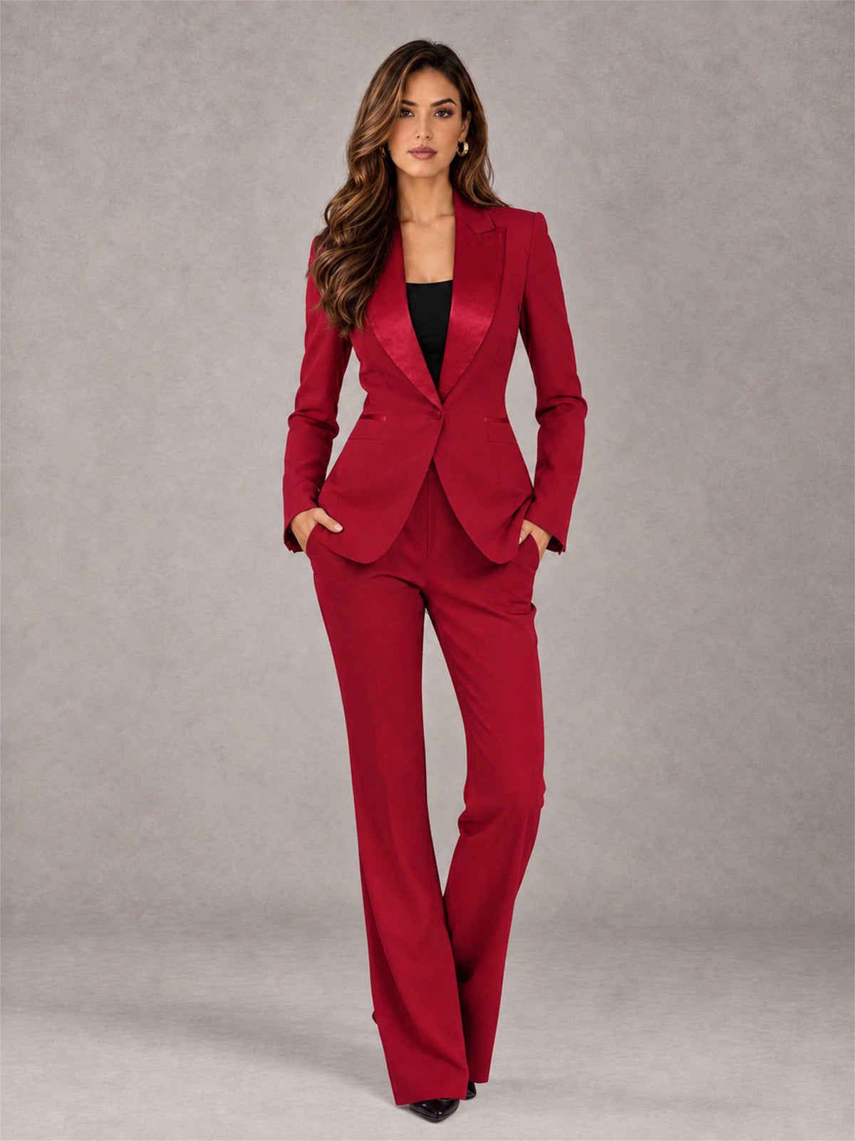 Red 2 Pieces Slim Fit Peak Lapel Women's Suits