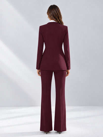Burgundy 2 Pieces Tailored Fit Contrast Finishes Women's Suits
