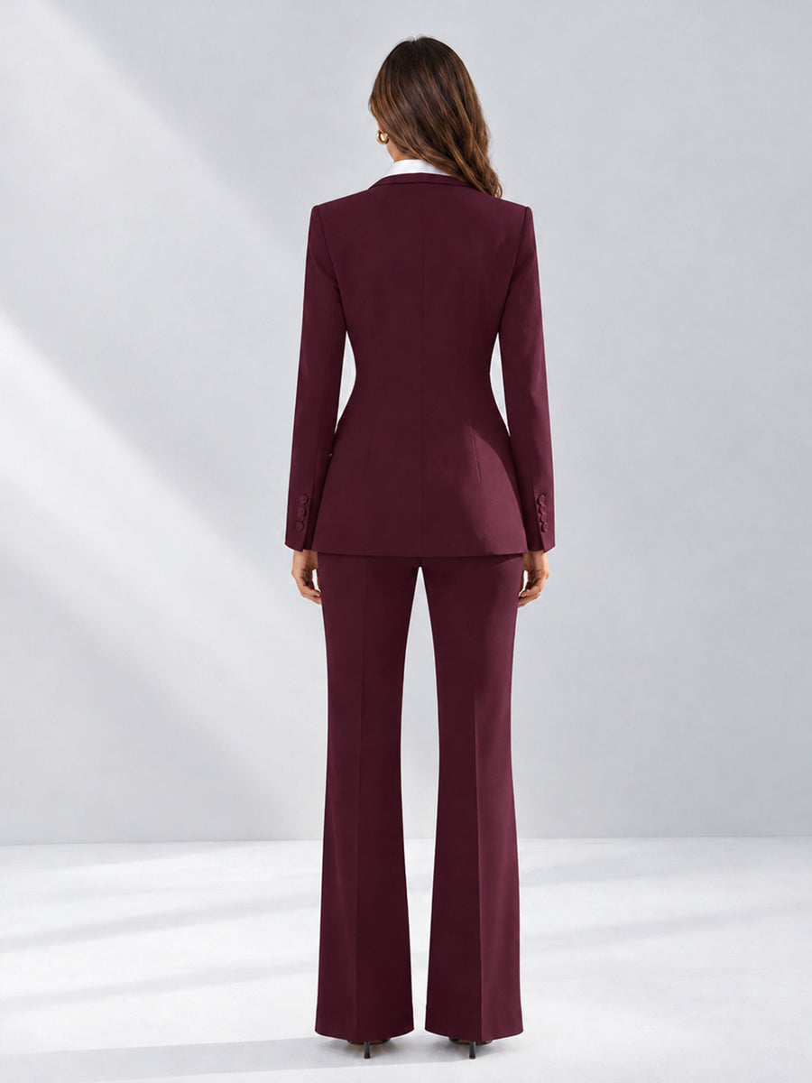 Burgundy 2 Pieces Tailored Fit Contrast Finishes Women's Suits