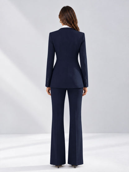 Navy Blue 2 Pieces Tailored Fit Contrast Finishes Women's Suits