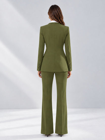 Olive Green 2 Pieces Tailored Fit Contrast Finishes Women's Suits