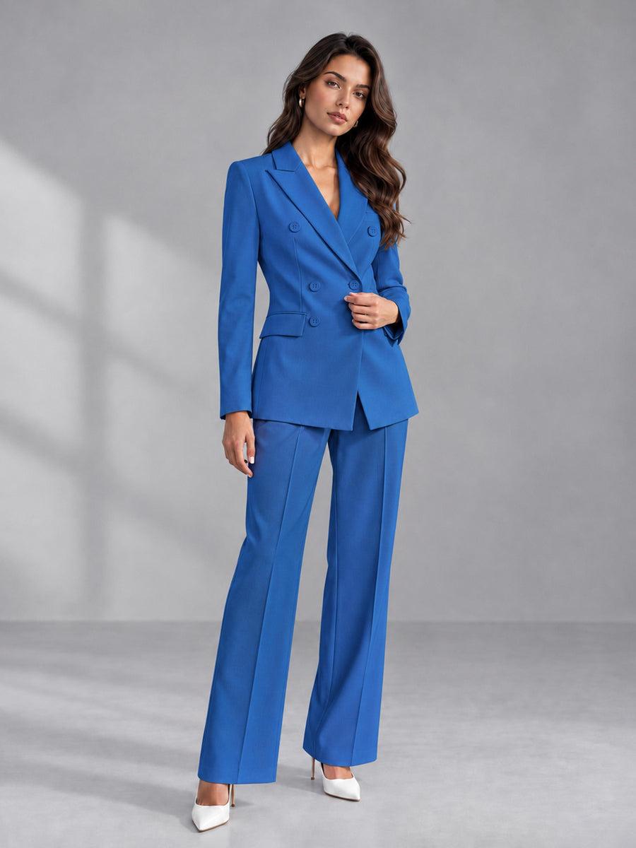 Blue 2 Pieces Tailored Fit Double Breasted Women's Suits
