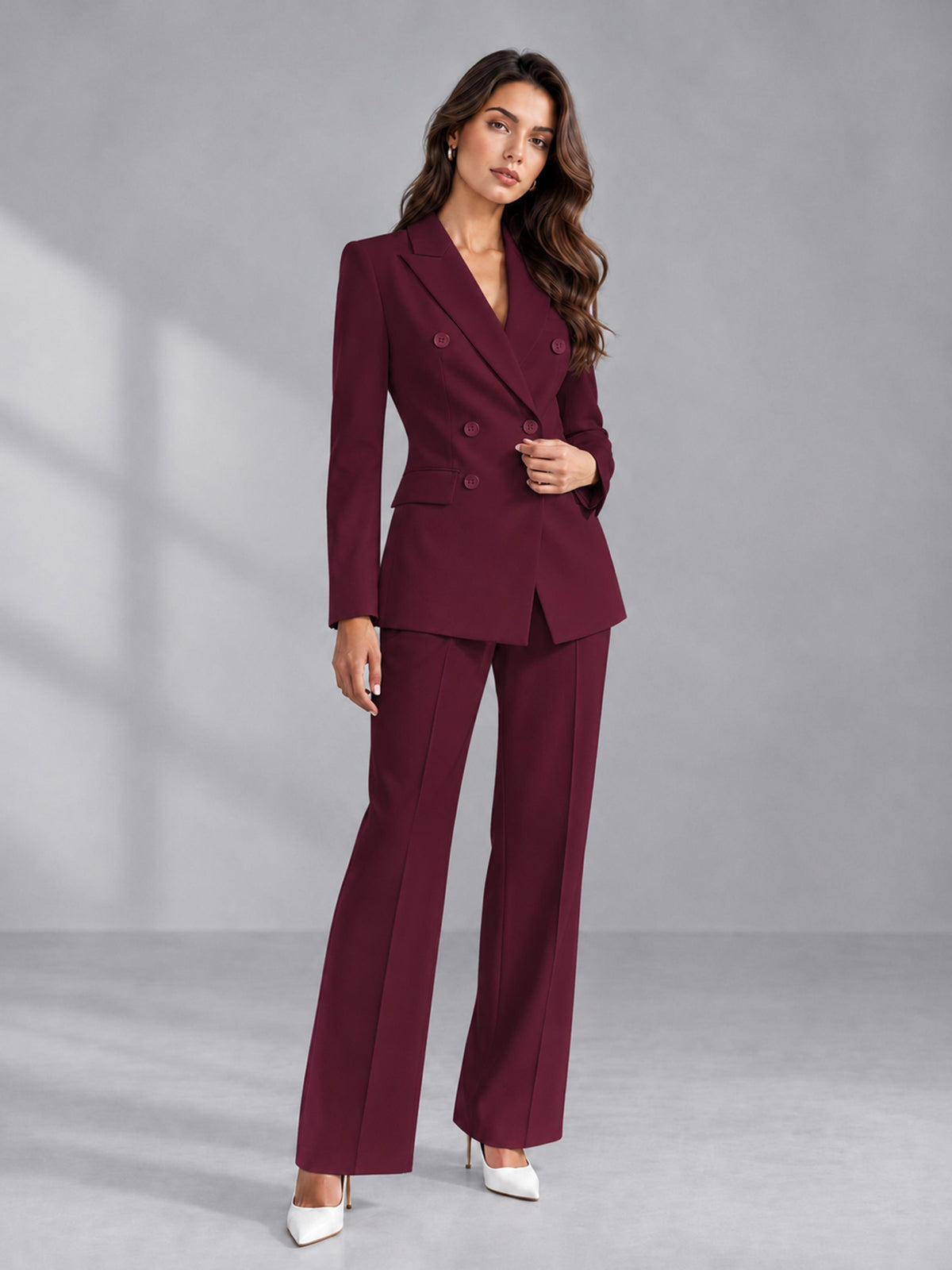 Burgundy 2 Pieces Tailored Fit Double Breasted Women's Suits