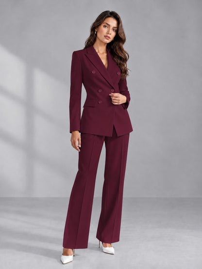 Burgundy 2 Pieces Tailored Fit Double Breasted Women's Suits