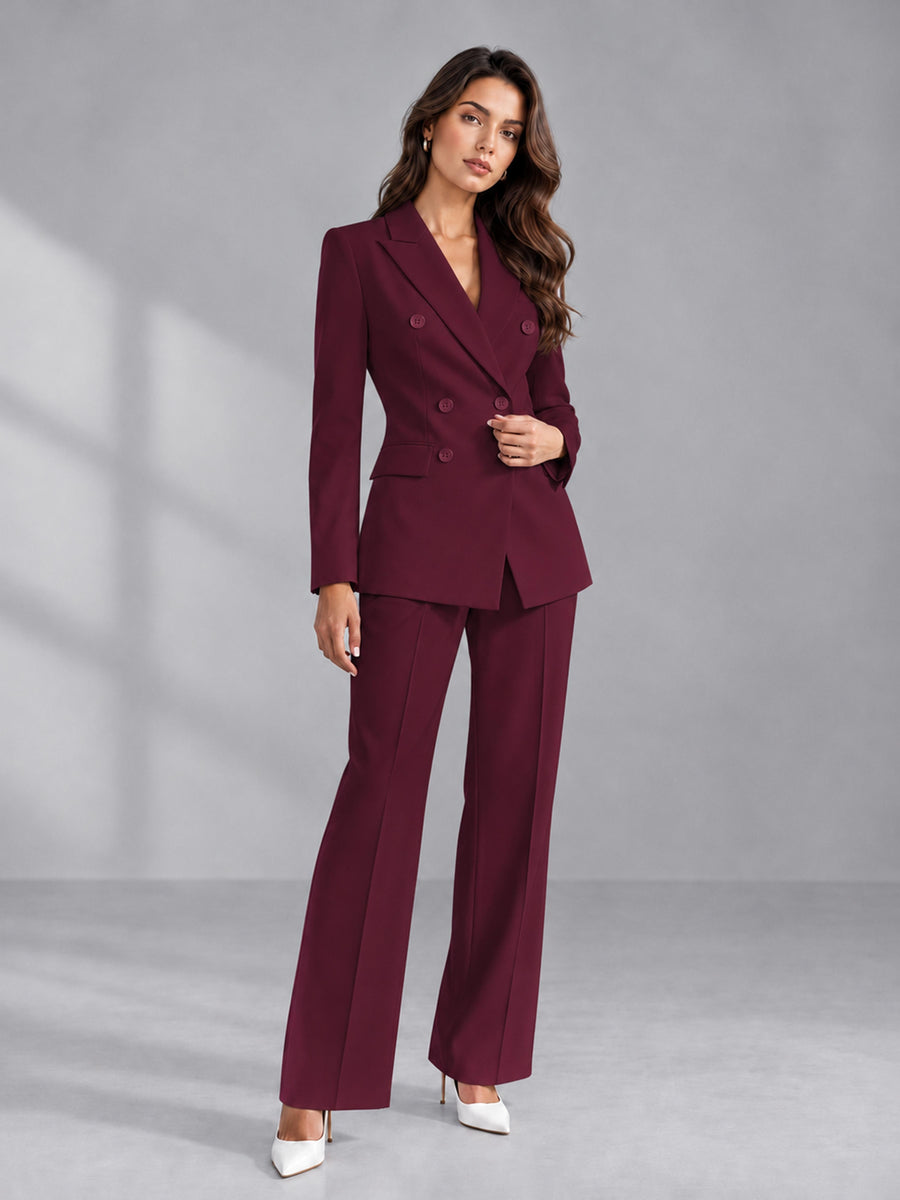Burgundy 2 Pieces Tailored Fit Double Breasted Women's Suits