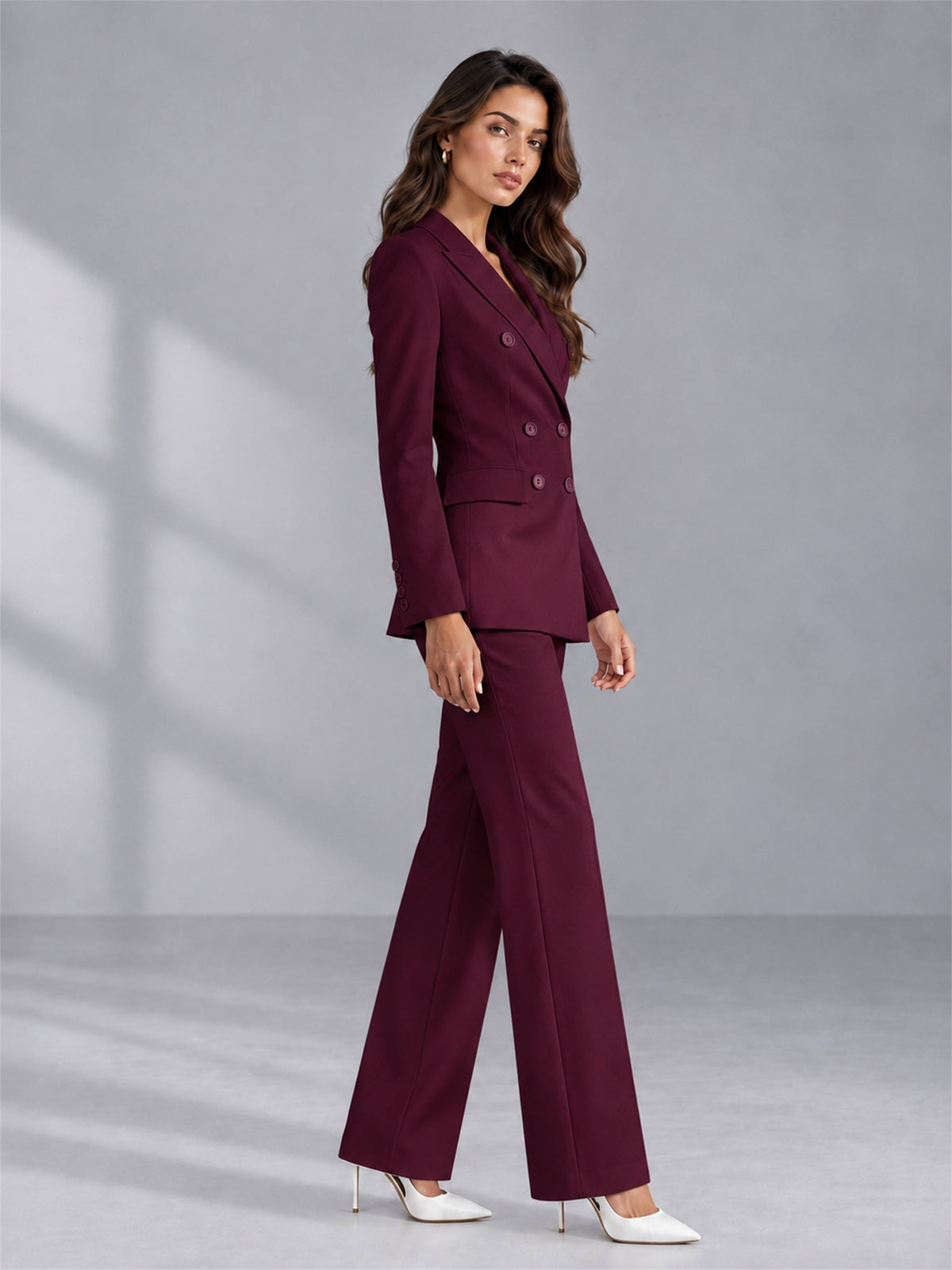 Burgundy 2 Pieces Tailored Fit Double Breasted Women's Suits