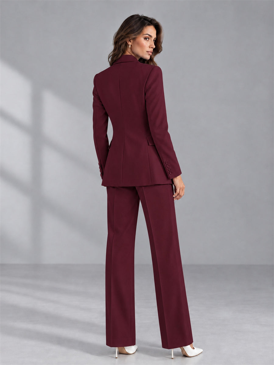 Burgundy 2 Pieces Tailored Fit Double Breasted Women's Suits