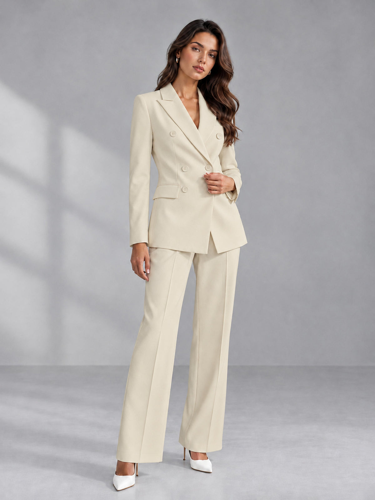 Cream 2 Pieces Tailored Fit Double Breasted Women's Suits