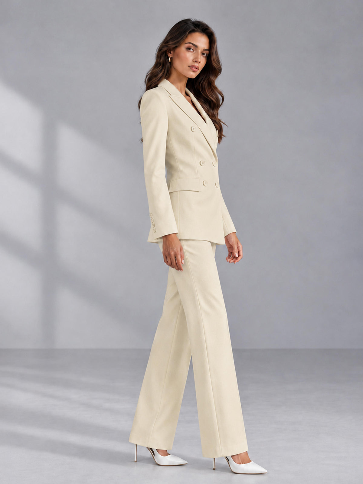 Cream 2 Pieces Tailored Fit Double Breasted Women's Suits