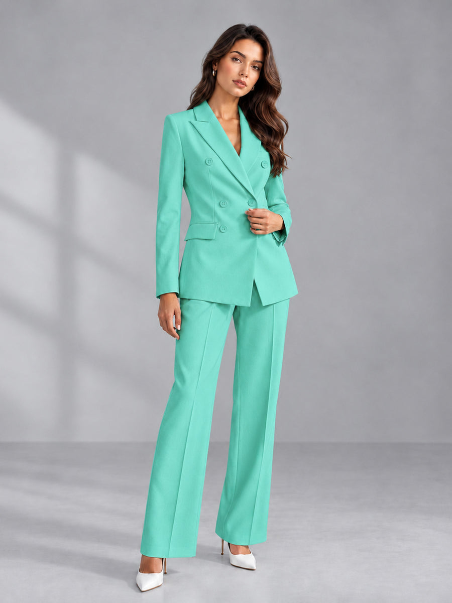 Turquoise 2 Pieces Tailored Fit Double Breasted Women's Suits
