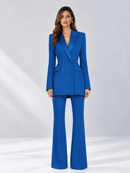Blue 2 Pieces Tailored Fit Notch Lapel Double Breasted Women's Suits