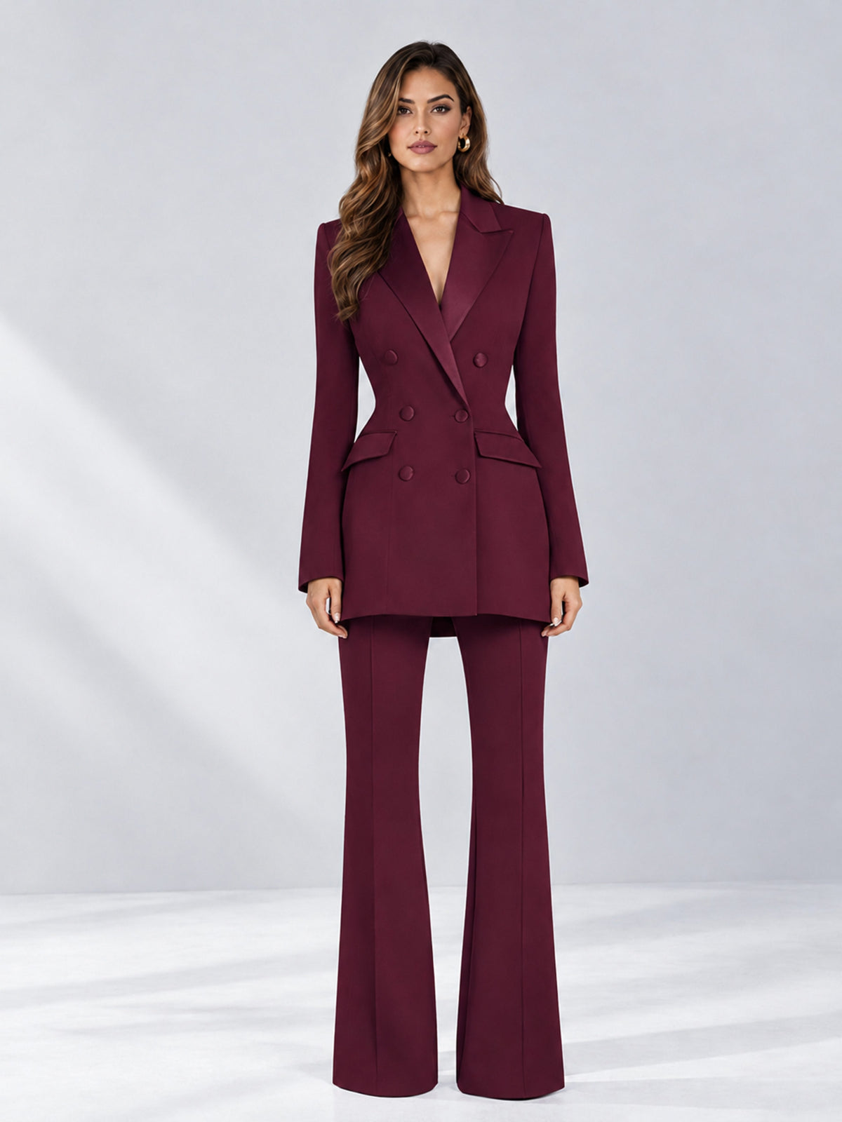 Burgundy 2 Pieces Tailored Fit Notch Lapel Double Breasted Women's Suits