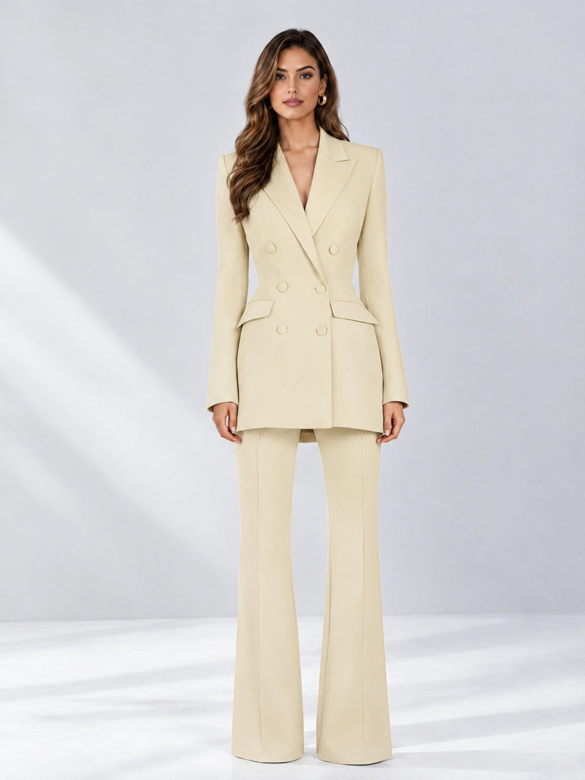 Cream 2 Pieces Tailored Fit Notch Lapel Double Breasted Women's Suits