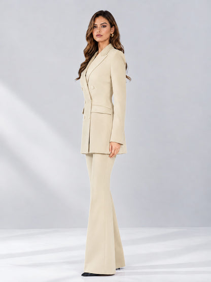 Cream 2 Pieces Tailored Fit Notch Lapel Double Breasted Women's Suits