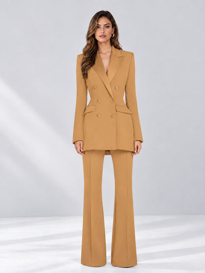 Gold 2 Pieces Tailored Fit Notch Lapel Double Breasted Women's Suits