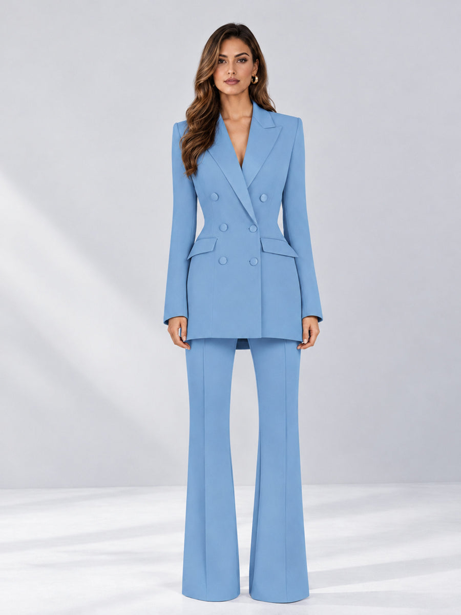 Light Blue 2 Pieces Tailored Fit Notch Lapel Double Breasted Women's Suits
