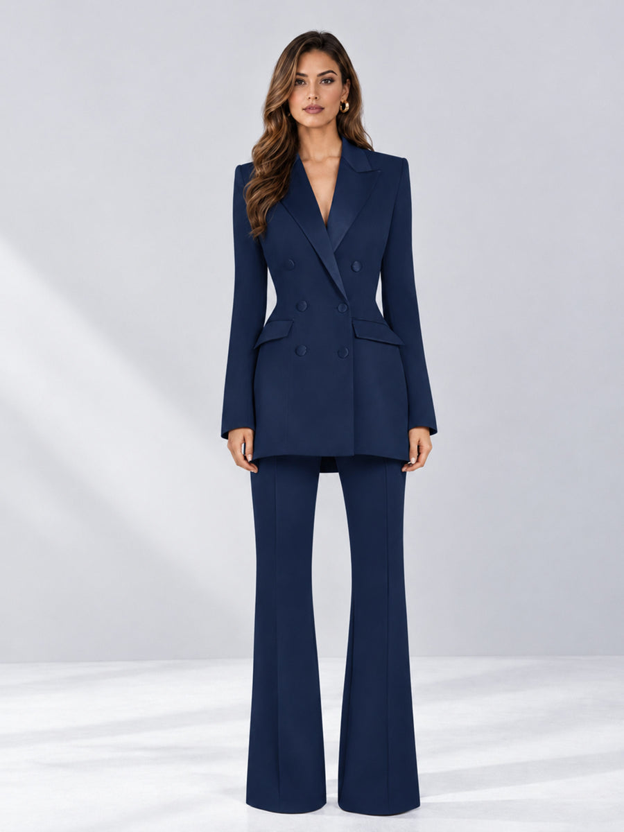 Navy Blue 2 Pieces Tailored Fit Notch Lapel Double Breasted Women's Suits