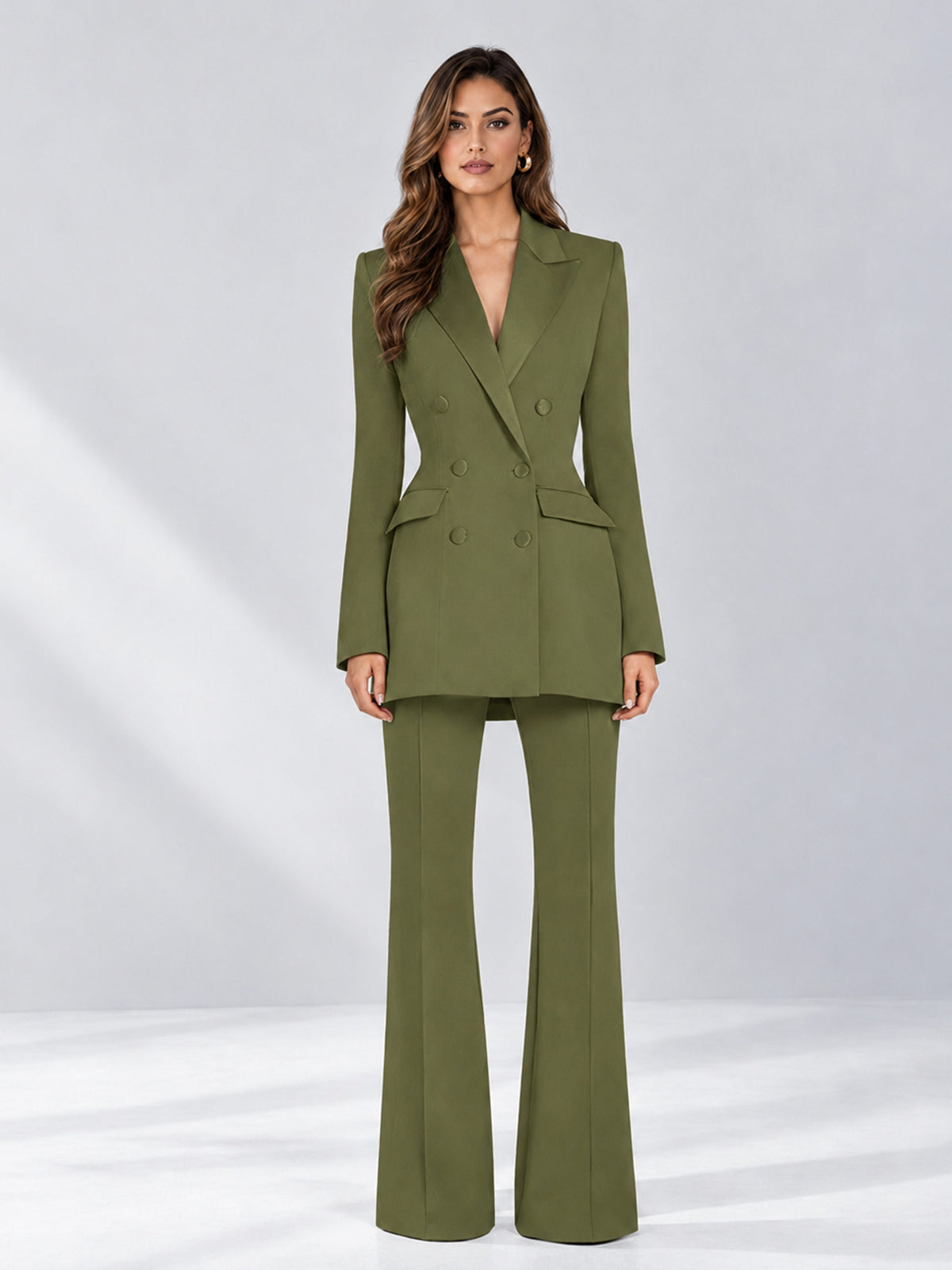 Olive Green 2 Pieces Tailored Fit Notch Lapel Double Breasted Women's Suits