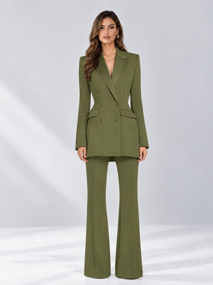Olive Green 2 Pieces Tailored Fit Notch Lapel Double Breasted Women's Suits